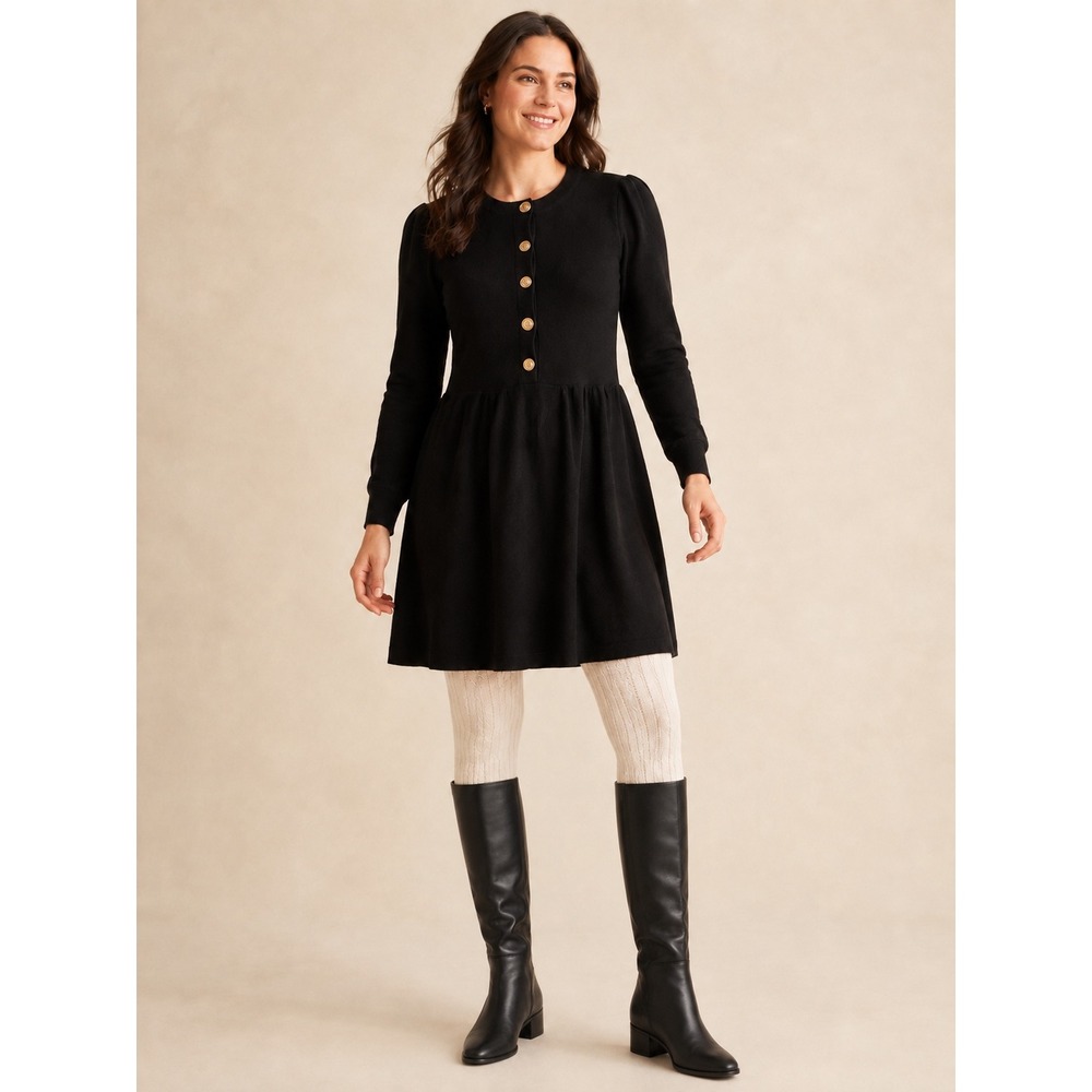 Boden Women's 10R Black Sweater Dress Gold Anchor Buttons Fit Flare Nautical